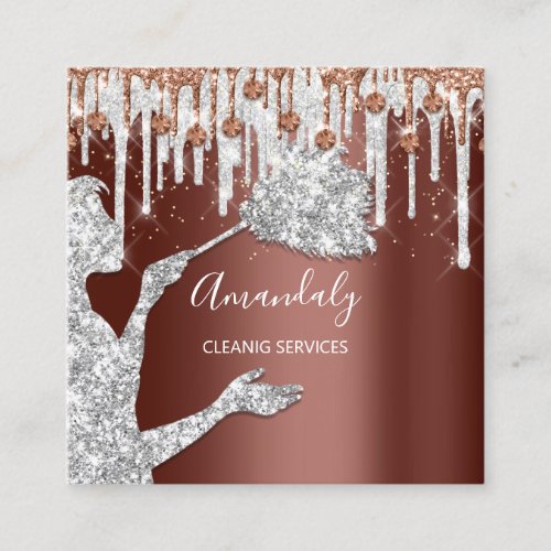 Maid House Cleaning Services Logo Gray Drip Silver Square Business Card