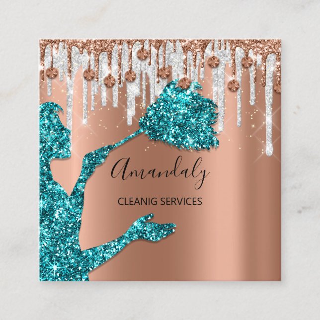 Maid House Cleaning Services Logo Gray Drip Teal Square Business Card (Front)