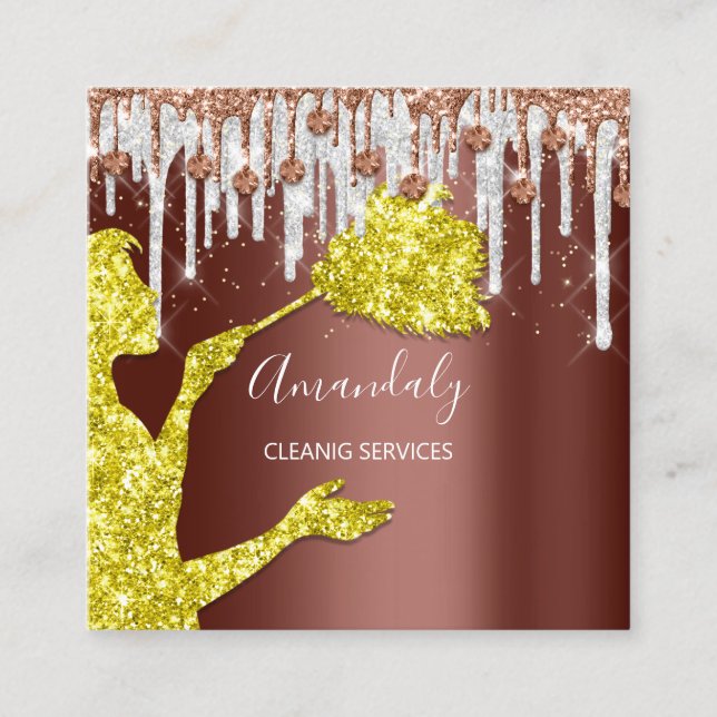 Maid House Cleaning Services Logo Gray Drip Yellow Square Business Card (Front)