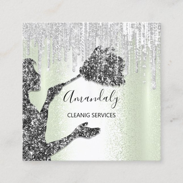 Maid House Cleaning Services Logo Gray Drips Mint Square Business Card (Front)