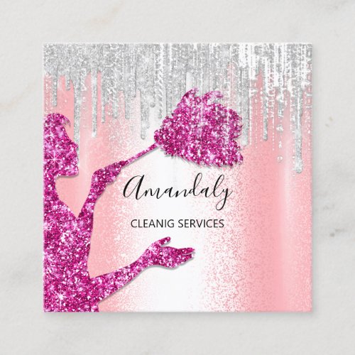 Maid House Cleaning Services Logo Gray Drips Pink Square Business Card