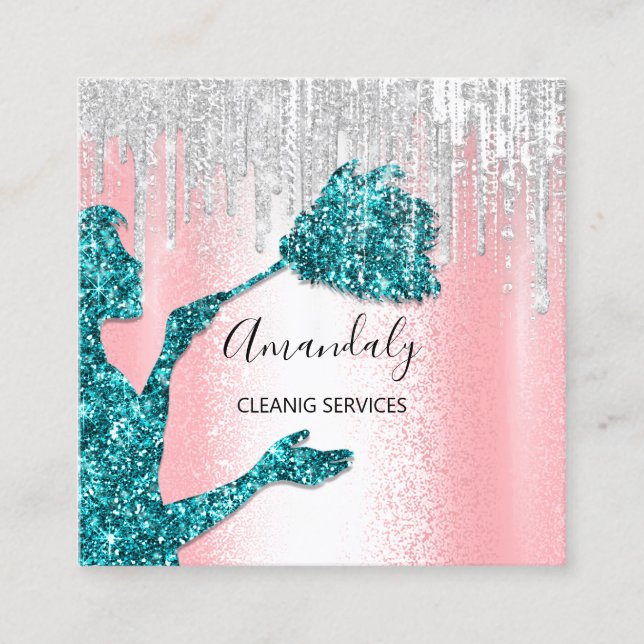 Maid House Cleaning Services Logo Gray Drips Teal Square Business Card (Front)