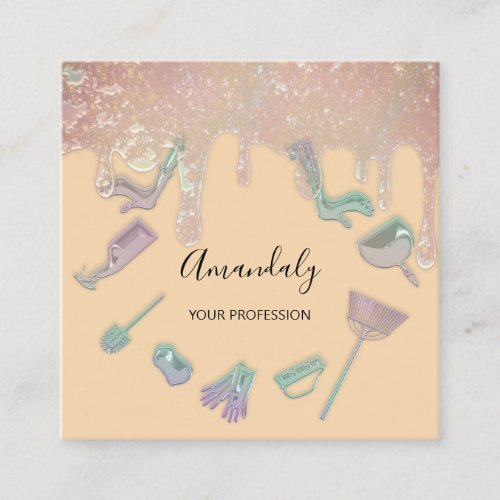 Maid House Cleaning Services Logo Green Pastel Square Business Card