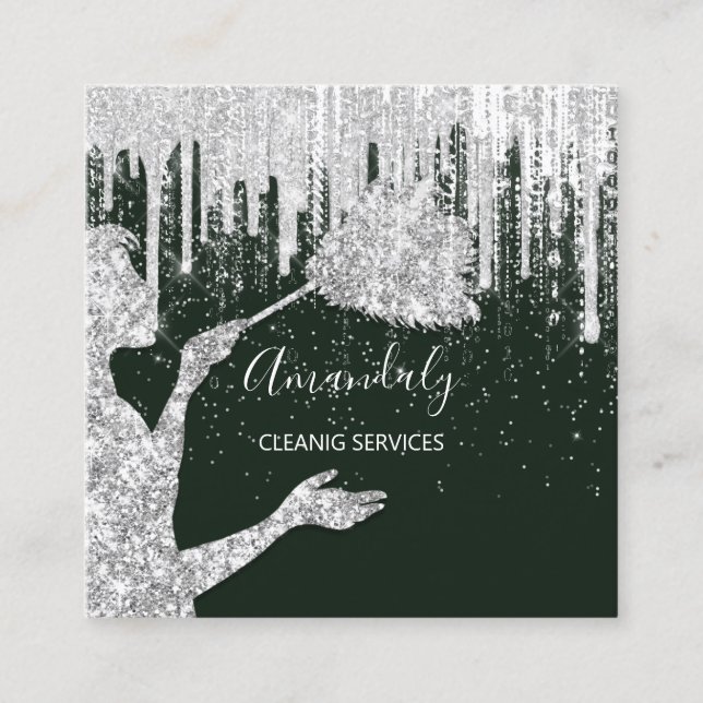 Maid House Cleaning Services Logo Grey  Drip Glam Square Business Card (Front)