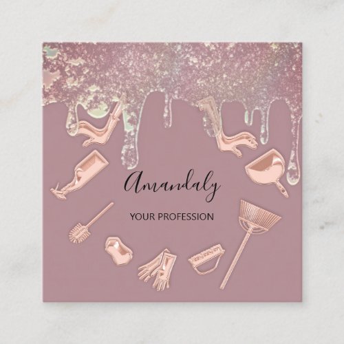 Maid House Cleaning Services Logo Holograph Blush Square Business Card