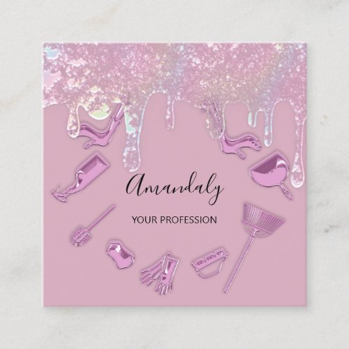 Maid House Cleaning Services Logo Holograph Pink Square Business Card
