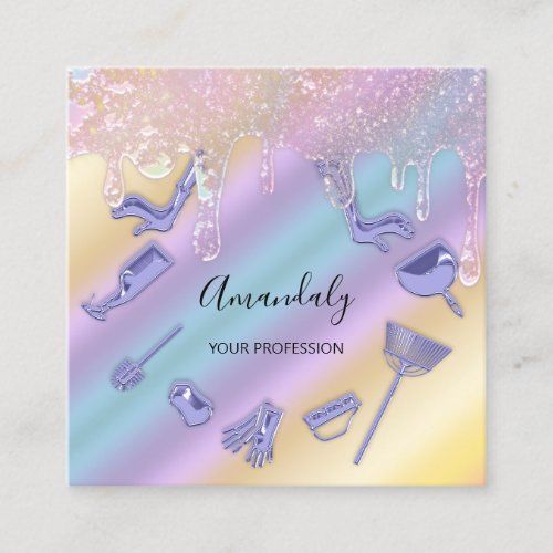 Maid House Cleaning Services Logo Purple Drips Square Business Card