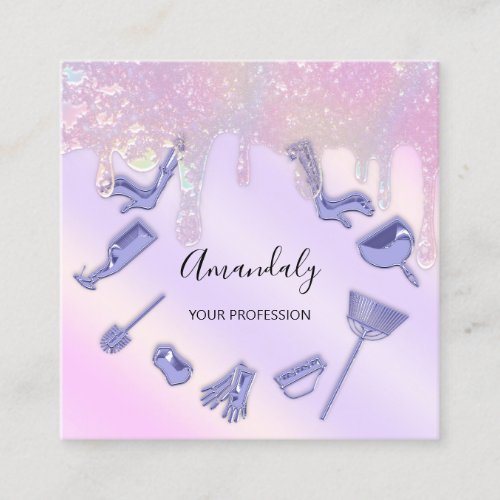 Maid House Cleaning Services Logo Purple Pastel Square Business Card