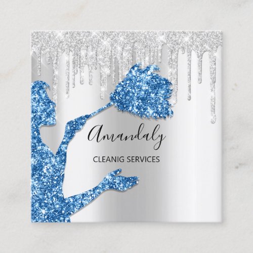 Maid House Cleaning Services Logo Silver Blue Square Business Card