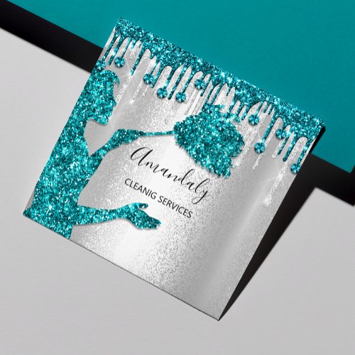 Maid House Cleaning Services Logo Silver Diamond Square Business Card