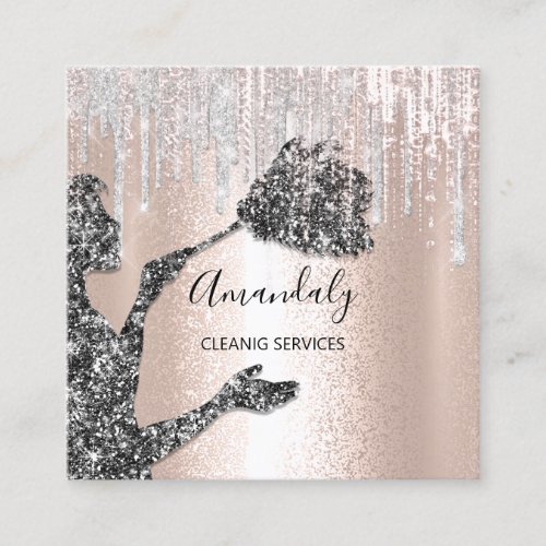 Maid House Cleaning Services Logo Silver Drip Blac Square Business Card