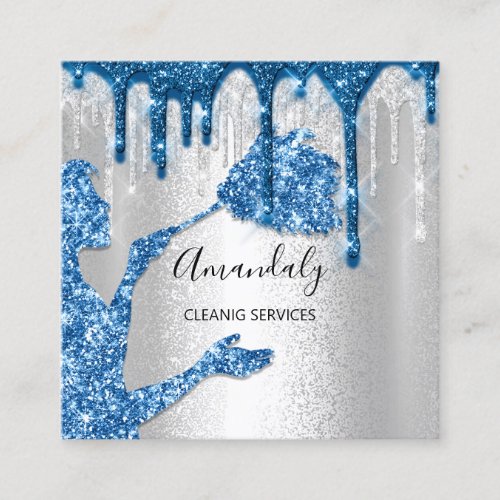 Maid House Cleaning Services Logo Silver Drip Blue Square Business Card