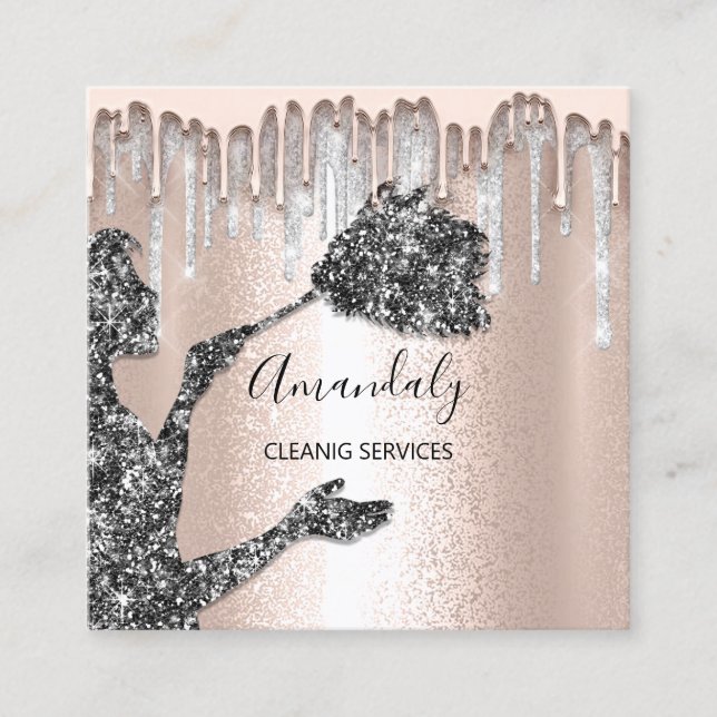 Maid House Cleaning Services Logo Silver Drip Gray Square Business Card (Front)