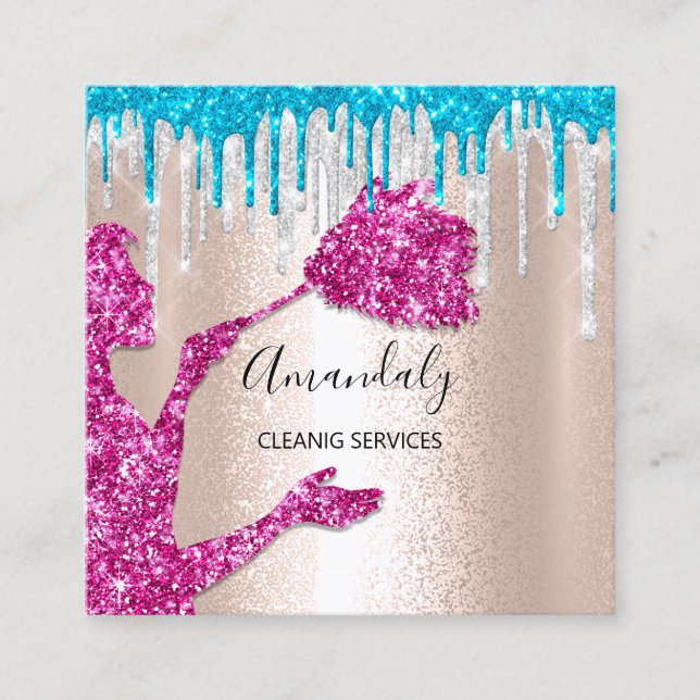 Maid House Cleaning Services Logo Silver Drip Pink Square Business Card (Front)