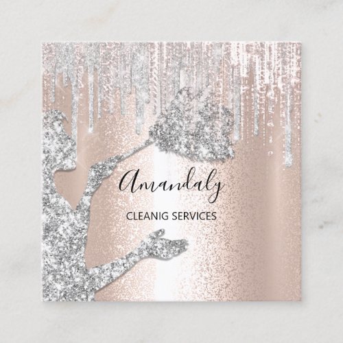 Maid House Cleaning Services Logo Silver Drip Rose Square Business Card