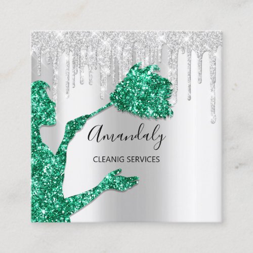 Maid House Cleaning Services Logo Silver Emerlad Square Business Card