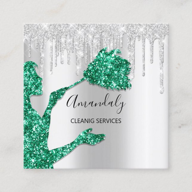 Maid House Cleaning Services Logo Silver Emerlad Square Business Card (Front)