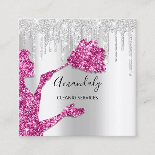 Maid House Cleaning Services Logo Silver Glitter Square Business Card