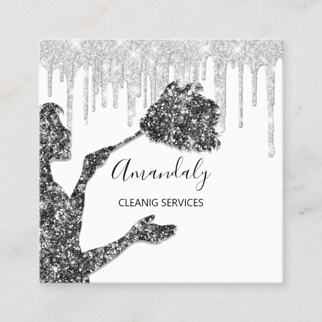 Maid House Cleaning Services Logo Silver Gray Drip Square Business Card (Front)