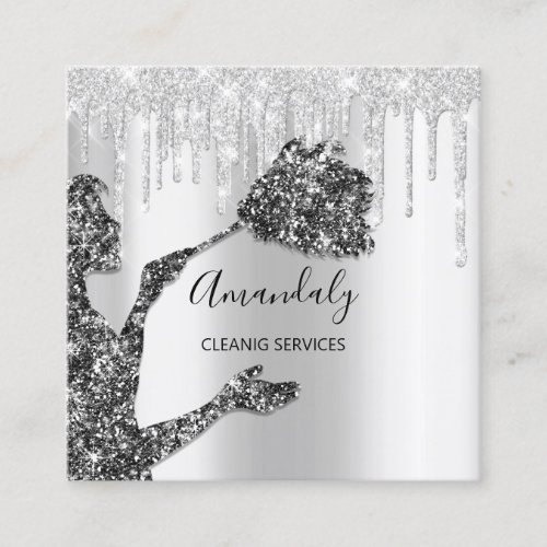 Maid House Cleaning Services Logo Silver Gray Glam Square Business Card