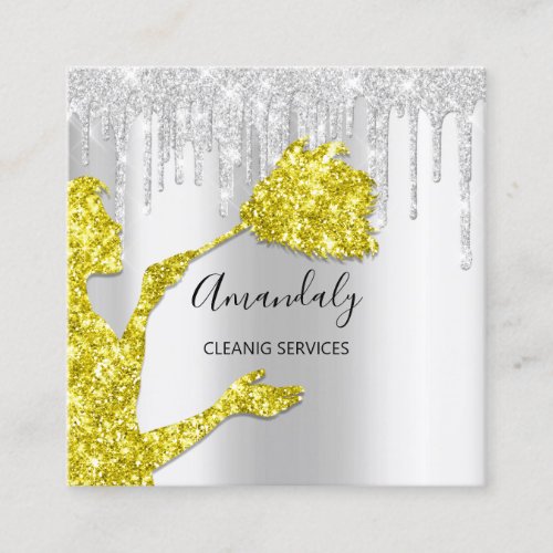Maid House Cleaning Services Logo Silver Lemon Square Business Card