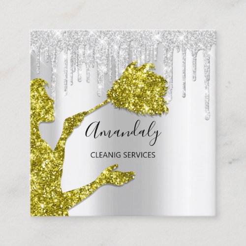 Maid House Cleaning Services Logo Silver Mustard Square Business Card