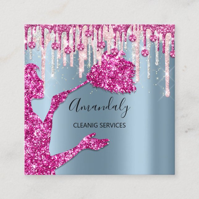 Maid House Cleaning Services Logo Silver Pink Blue Square Business Card (Front)