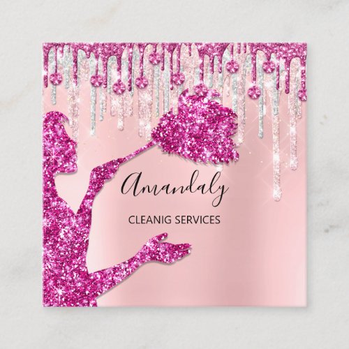 Maid House Cleaning Services Logo Silver Pink Glam Square Business Card