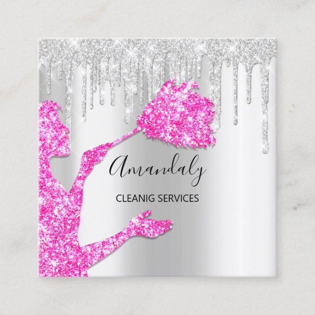 Maid House Cleaning Services Logo Silver Pink Gray Square Business Card (Front)