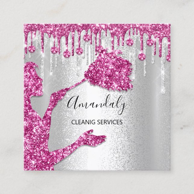 Maid House Cleaning Services Logo Silver Pink Gray Square Business Card (Front)