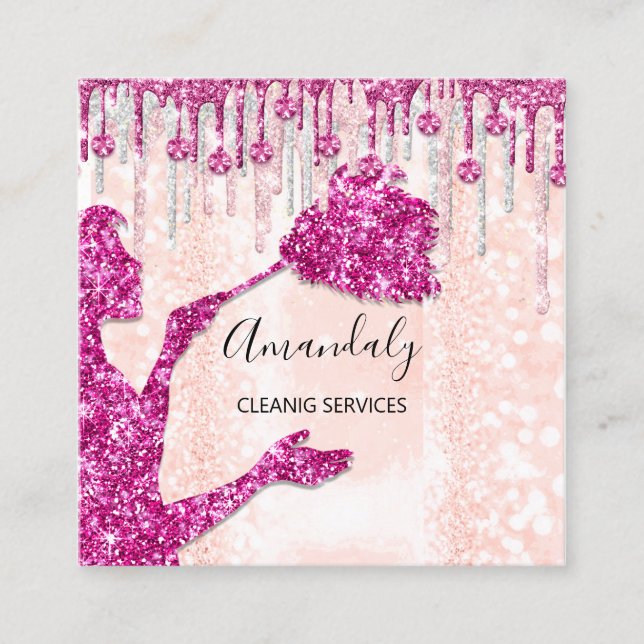 Maid House Cleaning Services Logo Silver Pink Lux Square Business Card (Front)