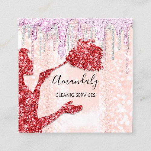 Maid House Cleaning Services Logo Silver Pink Red Square Business Card