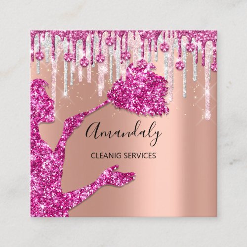 Maid House Cleaning Services Logo Silver Pink Rose Square Business Card