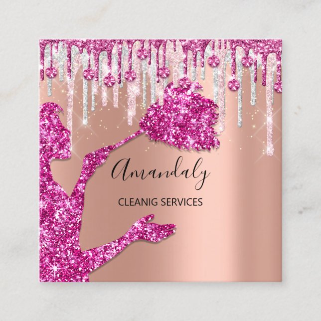Maid House Cleaning Services Logo Silver Pink Rose Square Business Card (Front)