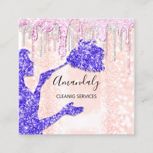 Maid House Cleaning Services Logo Silver Pink Square Business Card