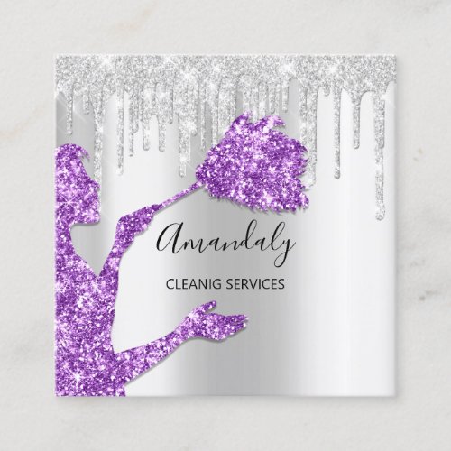 Maid House Cleaning Services Logo Silver Purple Square Business Card