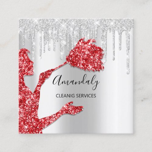 Maid House Cleaning Services Logo Silver Red Square Business Card