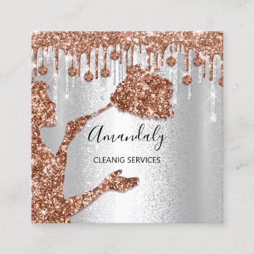 Maid House Cleaning Services Logo Silver Rose Gold Square Business Card