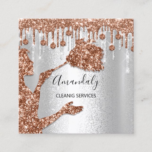 Maid House Cleaning Services Logo Silver Rose Gold Square Business Card (Front)