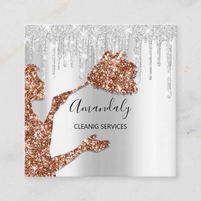 Maid House Cleaning Services Logo Silver Rose Square Business Card (Front)