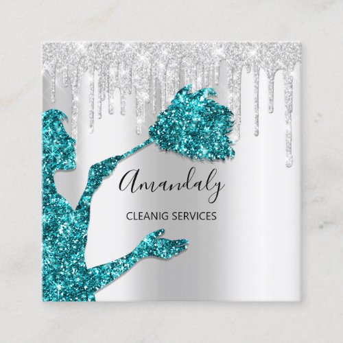 Maid House Cleaning Services Logo Silver Teal Square Business Card