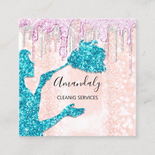 Maid House Cleaning Services Logo Silver Teal Square Business Card