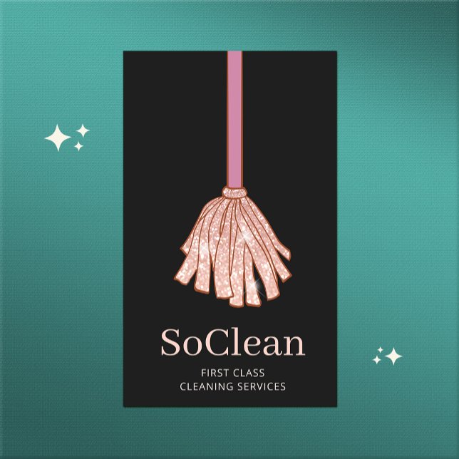 Maid House Cleaning Services Rose Gold Glitter Mop Business Card (Creator Uploaded)