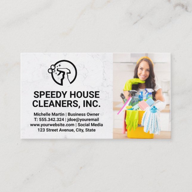 Maid House Service | Woman with Cleaning Products Business Card (Front)