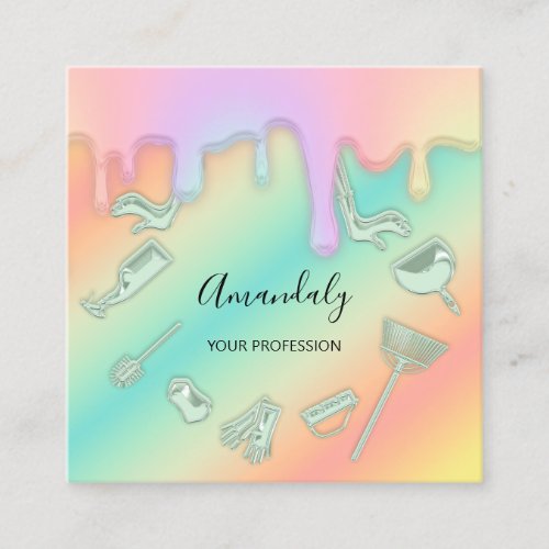 Maid Janitorial House Cleaning Mint Holograph Square Business Card