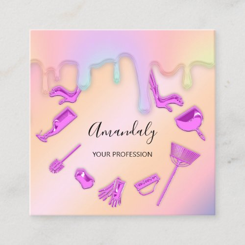 Maid Janitorial House Cleaning Office Holograph Square Business Card