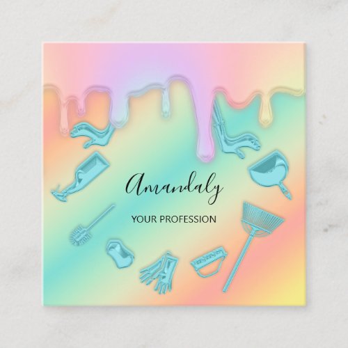 Maid Janitorial House Cleaning Pink Holograph Square Business Card