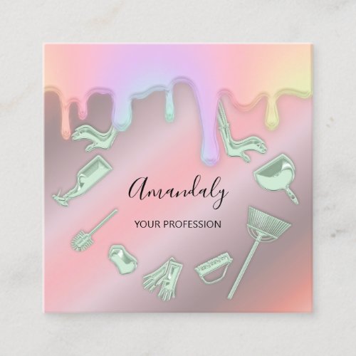 Maid Janitorial House Cleaning Rose  Holograph Square Business Card