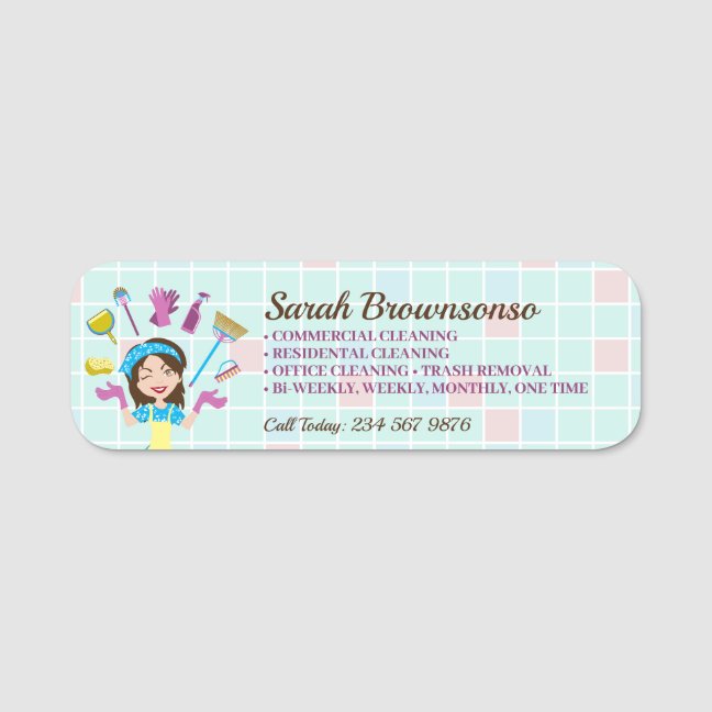 Maid Janitorial Name Tag | Teal Cartoon Cleaning