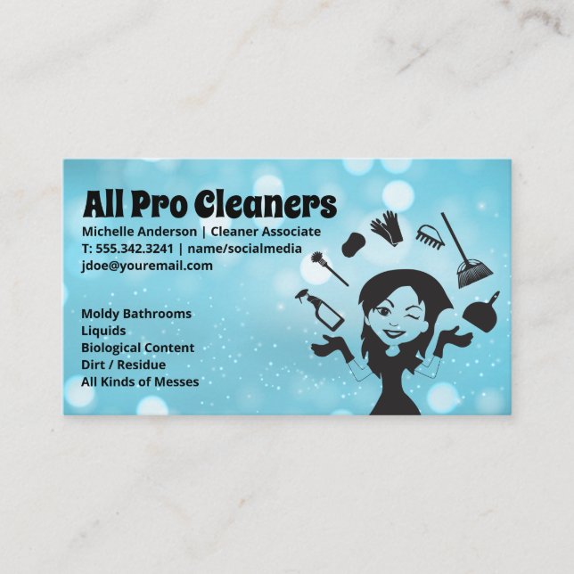Maid Juggling Cleaning Supplies Business Card (Front)